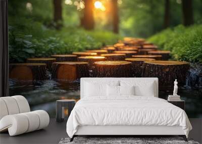 Wooden Stepping Stones Across a Stream in a Forest Wall mural