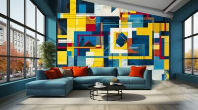  ankara artwork with large squares, thick lines, low detail, blue, yellow,  red, tones,aspect ratio 2:1, for fabric texture Wall mural