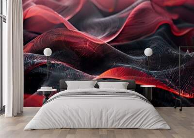 3D abstract illustration of waves from plastic and fabric, bright colors, for banners and layouts, landing pages, very detailed texture, red and black, 2:1 Wall mural