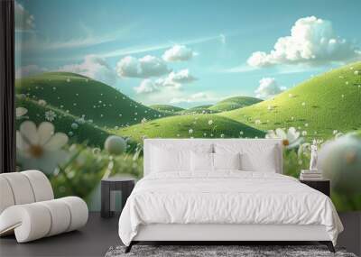 3d cartoon style, photographic background for children, green hills with small flowers, the sky is blue and there are small white clouds, light delicate, pastel colors, 2:1, landingpage Wall mural