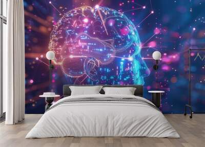 A detailed illustration of the human head with an illuminated brain, filled with glowing data points and digital code symbols, representing artificial intelligence. The background is a dark blue, 2:1 Wall mural