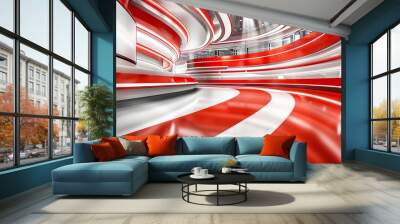 background studio television modern green screen, a photo of a bright television studio, colour palette of , red and white, curved, low angle, background for green screen, modern, 16:9, red and white Wall mural