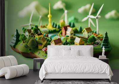 cute 3D illustration wallpaper of eco-friendly future modern city using wind technology and solar panels, love the earth Wall mural