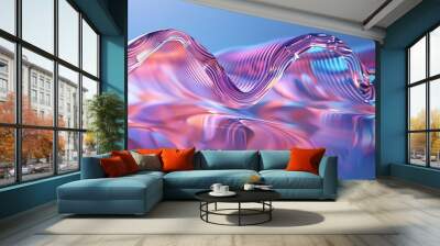 macro, 3d, glass organic forms, close-up ribbed plastic object, depth of field, pastel, neon blue, pink, monochromatic figures, minimalist, shimmering metallics, blur background 2:1 for banner Wall mural