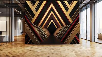 wallpaer luxury, made from silk, Regular black, gold and red three-dimensional striped background, triangle/rectangle, black background, aspect ratio 2:1 Wall mural