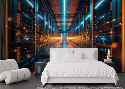 wallpaper of a data center room, hall of data server, technology, digital, light, business, data, design, computer, illustration, internet, futuristic, 2:1 Wall mural