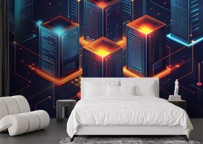 wallpaper of a data center room, hall of data server, technology, digital, light, business, data, design, computer, illustration, internet, futuristic, 2:1 Wall mural