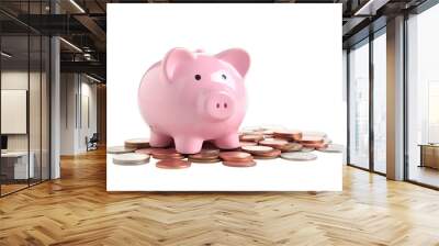  pink piggy bank with pile of coins , Isolated on transparent PNG background, Generative ai Wall mural