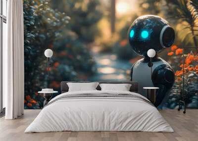 A cute robot with glowing eyes is in a garden with greenery and flowers, creating a serene and peaceful atmosphere Wall mural