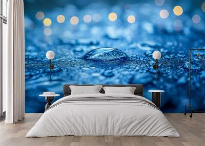 A macro shot of water droplets on a reflective surface with blurred lights in the background Wall mural