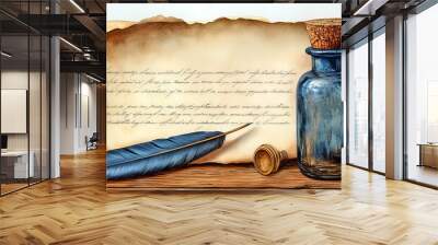 A quill and ink bottle on a wooden table with parchment, filled with handwriting in an antique setting Wall mural