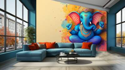 Blue ganesha is sitting and blessing on an artistic colorful background for ganesh chaturthi festival Wall mural