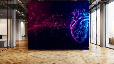 Digital human heart is generating medical data with an ekg line showing a heartbeat rate Wall mural