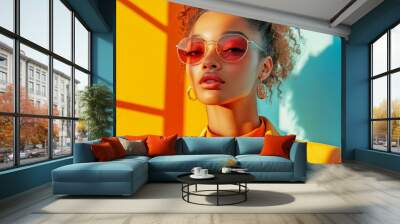 Fashion model posing with sunglasses and yellow clothes in front of colorful background Wall mural