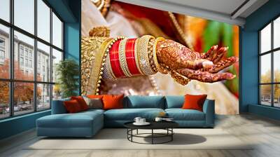 henna tattoo on hands with jewelries on wedding day. Wall mural