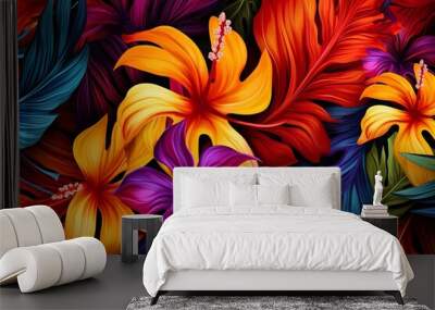 illustration of  jungle leaf pattern Hawaiian hibiscus primary colors, Generative ai Wall mural