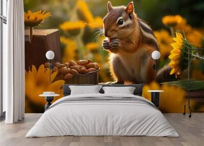 illustration of photo of chipmunk eating sunflower seeds in garden, Generative ai Wall mural