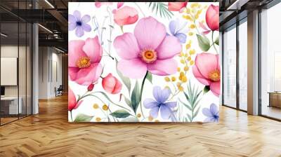 illustration of Seamless Spring Watercolor Flower Pattern, Generative ai Wall mural