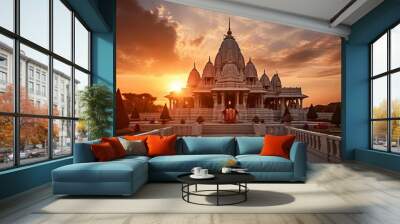 illustration of Temple during sunset in india, Generative ai Wall mural