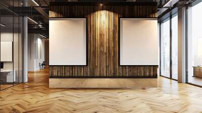 Inside a contemporary architectural studio, two white frames with dark borders are displayed against a wall with a bamboo texture. Wall mural