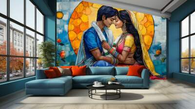 Painting of a young couple wearing traditional indian clothes getting married Wall mural