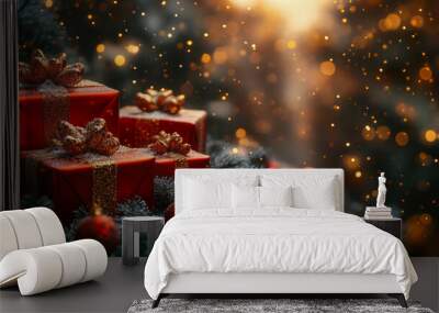 Red presents with golden ribbons among pine branches, ornaments, and glittering festive lights Wall mural