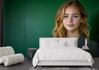 Young professional woman with long blond hair is smiling against a green background Wall mural