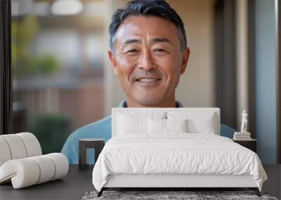 A candid portrait of a smiling middle-aged Japanese man in a light blue long-sleeved polo. He has short hair and looks very happy, Generative AI Wall mural