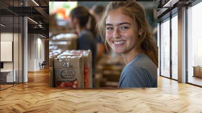 Happy woman packing donated food with group of volunteers at community service center, Generative AI Wall mural