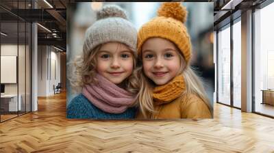 Smiling young female siblings posing together looking at the camera in a city street, Generative AI Wall mural