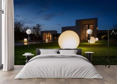 Garden architecture by night with glowing spheres in grass, architecture, construction, modern garden Wall mural