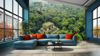 Drones mapping ancient structures in the jungle Wall mural