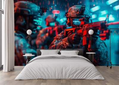 Soldier with advanced HUD Heads Up Display aiming weapon Wall mural