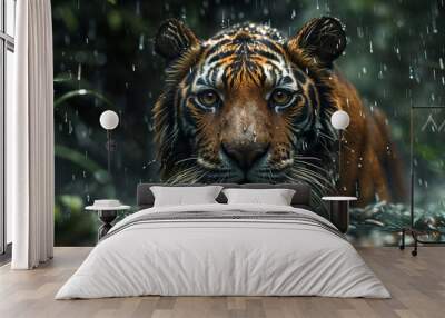 tiger walking through water in the jungle rain Wall mural