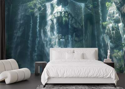 Waterfall in jungle with skull shaped rock Wall mural