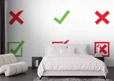 check mark icon button set. check box icon with right and wrong buttons and yes or no checkmark icons in green tick box and red cross vector. Wall mural