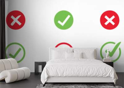 check mark icon button set. check box icon with right and wrong buttons and yes or no checkmark icons in green tick box and red cross vector. Wall mural