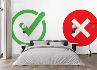 check mark icon button set. check box icon with right and wrong buttons and yes or no checkmark icons in green tick box and red cross Wall mural