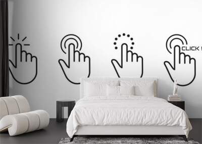 Click here icon set in line style. Hand click, Hand clicking, finger, Touch screen, pointer, cursor, gesture, mouse press push simple black style symbol sign for apps and website, vector illustration. Wall mural