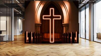 Neon cross of Jesus Christ glowing brightly. Symbol of faith, prayer, and spirituality. Isolated against a dark background, the neon cross shines. Wall mural