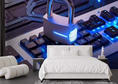 Blue-Lit Horizontal Lock on Circuit Cybersecurity, Data Protection & Business Privacy Wall mural