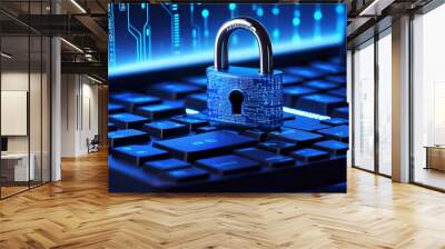 Blue-Lit Horizontal Lock on Circuit Cybersecurity, Data Protection & Business Privacy Wall mural