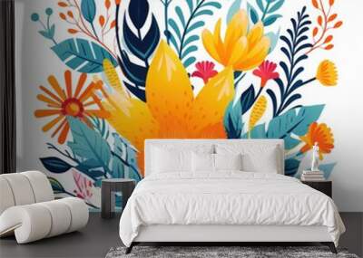 Vibrant Jungle Foliage with Cartoon Flowers Vector on White Background Wall mural