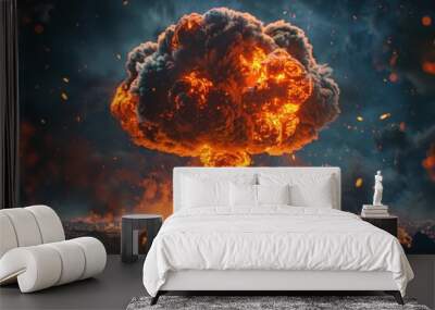 Fiery Nuclear Explosion with Smoke and Debris Wall mural