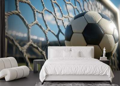 A close-up of a soccer ball hitting the net in a stadium setting. Wall mural