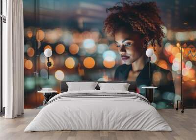 African American creative entrepreneur female businesswoman using laptop a bustling airport terminal, diverse travelers, vibrant bokeh of lights stylish entrepreneur modern business trip traveling Wall mural