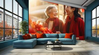 Chinese elderly mother and young daughter walking in China downtown market shopping food and ingredient preparing for Chinese New year festival dinner celebration with family come back to home town Wall mural