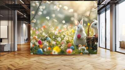 Easter holiday celebration season background with cute 2 bunny family playing together, colorful eggs decorations in wooden basket, spring field morning light, egg hunts with fluffy hares together Wall mural