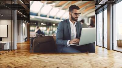 Professional businessman entrepreneur working on technology laptop while waiting for flight traveling at airport in passenger room, business owner using wireless digital deal with customer or meeting Wall mural