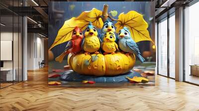 A flock of brilliantly colored birds huddle together on a pumpkin, their feathers glistening in the rain Ai generated art Wall mural